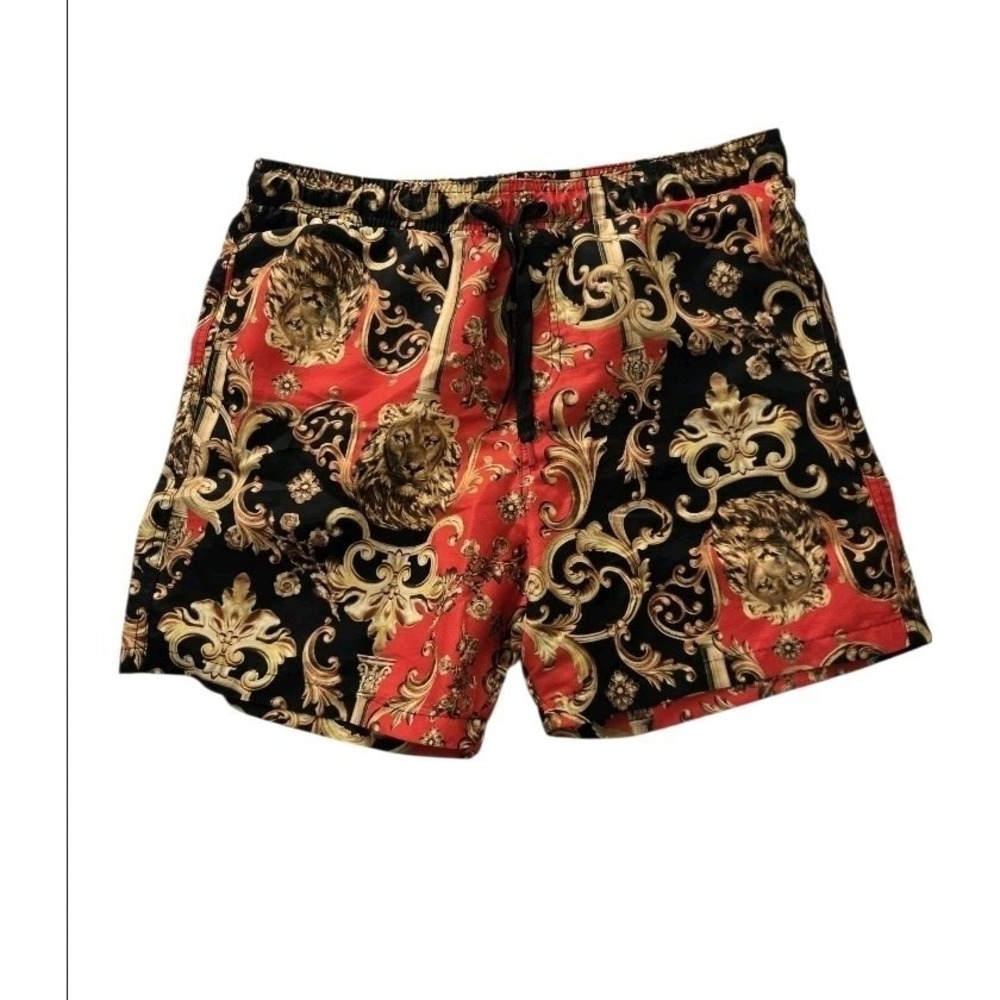 Surf Society Men's Swim Trunks Shorts Size Large Red Black Gold Lion Print